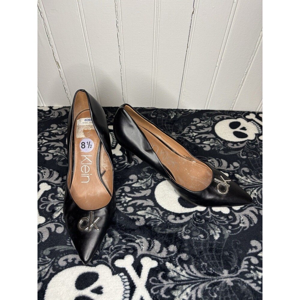 Calvin Klein Black Leather Pointed Toe Stiletto Pump Logo Accent Slip On